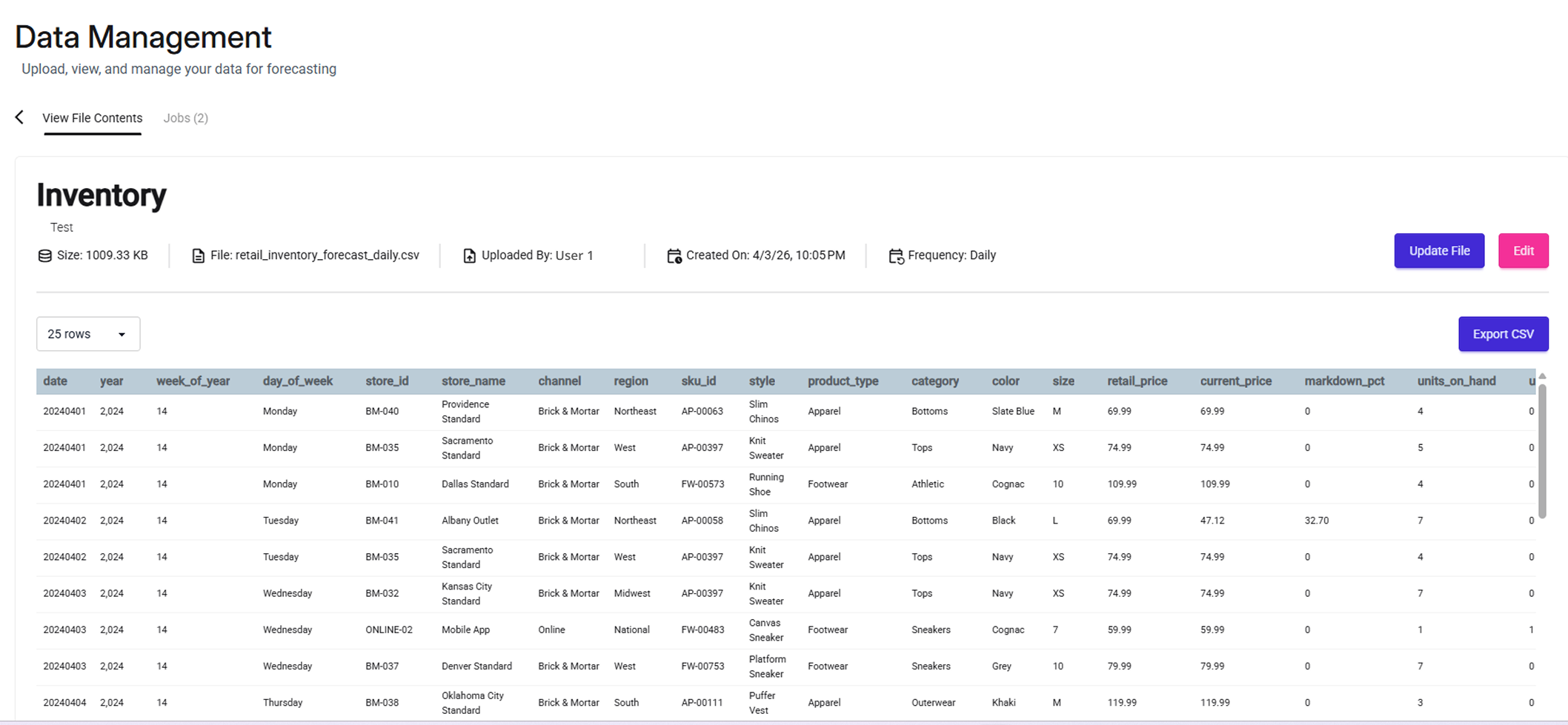 Data management interface displaying inventory details and file upload options.